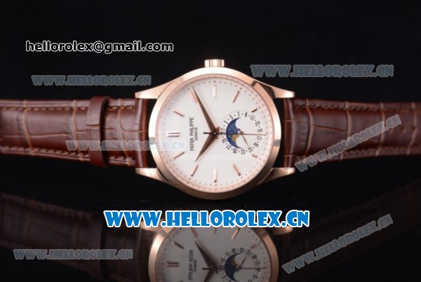 Patek Philippe Complications Miyota 9015 Automatic Rose Gold Case with White Dial Stick Markers and Brown Leather Strap - Click Image to Close